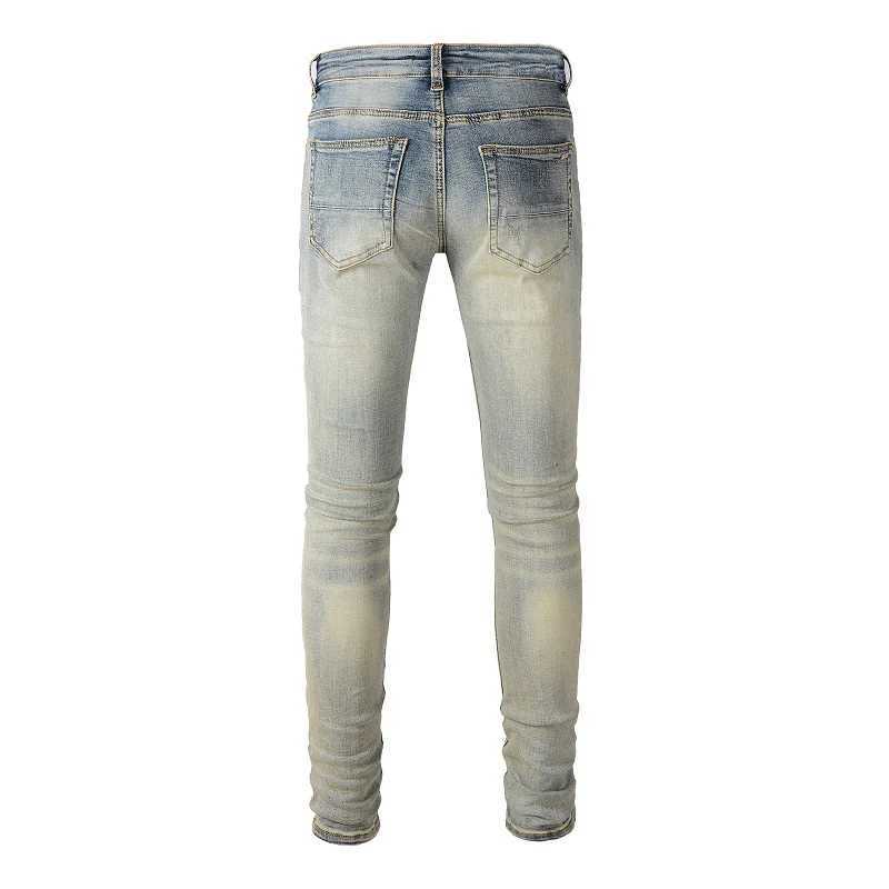 Mens Cracked Patch Biker Jeans Streetwear Patchwork Skinny Tapered Pants Vintage Stretch Denim Ripped Distressed Trousers X2507181