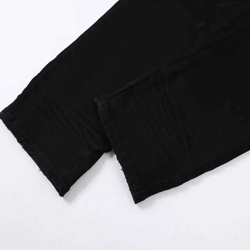 European and American designer high street fashion new black mens jeans stretch slim fit retro washed leather patch jeans hip-hop X250718