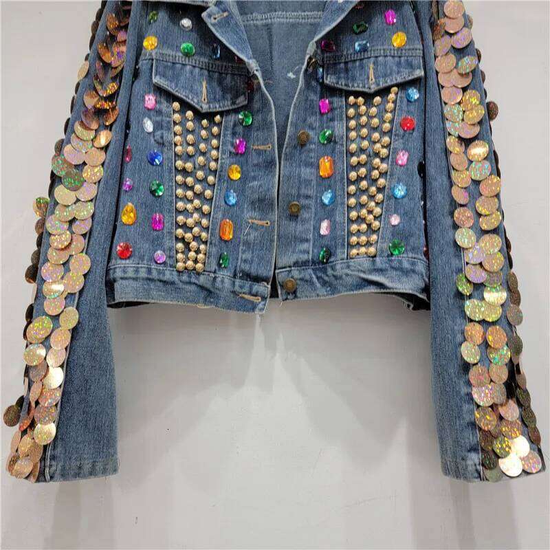 Women Rainbow Dias Beaded Denim Jacket Rhinestones Rivets Jeans Bright Green Sequined Sleeve Cowboy Coat Cardigan Tops