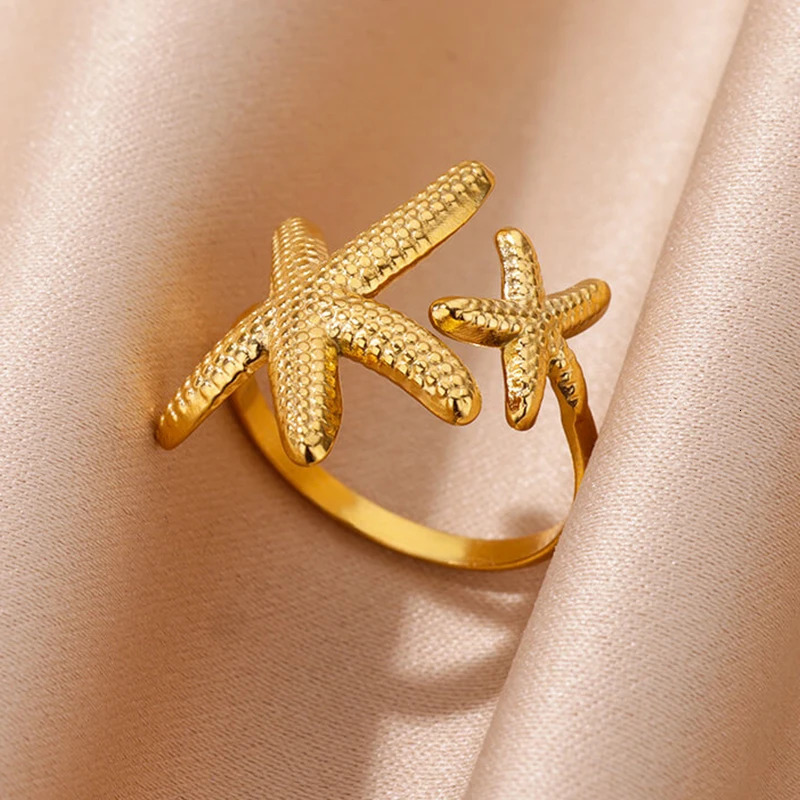 Ocean Starfish Shell Open Rings For Women Gold Color Stainless Steel Ring Summer Beach Aesthetic Waterproof Jewelry Gift 250716
