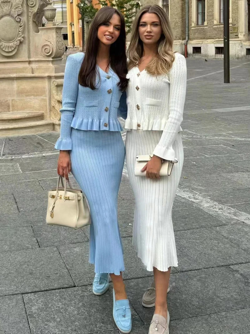 DGLUKE Elegant Knitted Two Piece Set For Women Sweater Top And Long Skirt Sets Vacation Outfits 2025 In Matching Sets 250715