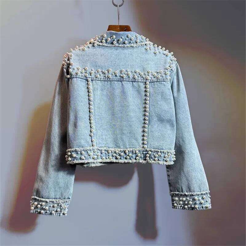 Autumn Women Vintage Light Blue Short Denim Pearl Beading Frayed Burrs Pocket Long Sleeve Jeans Jacket Coat Streetwear