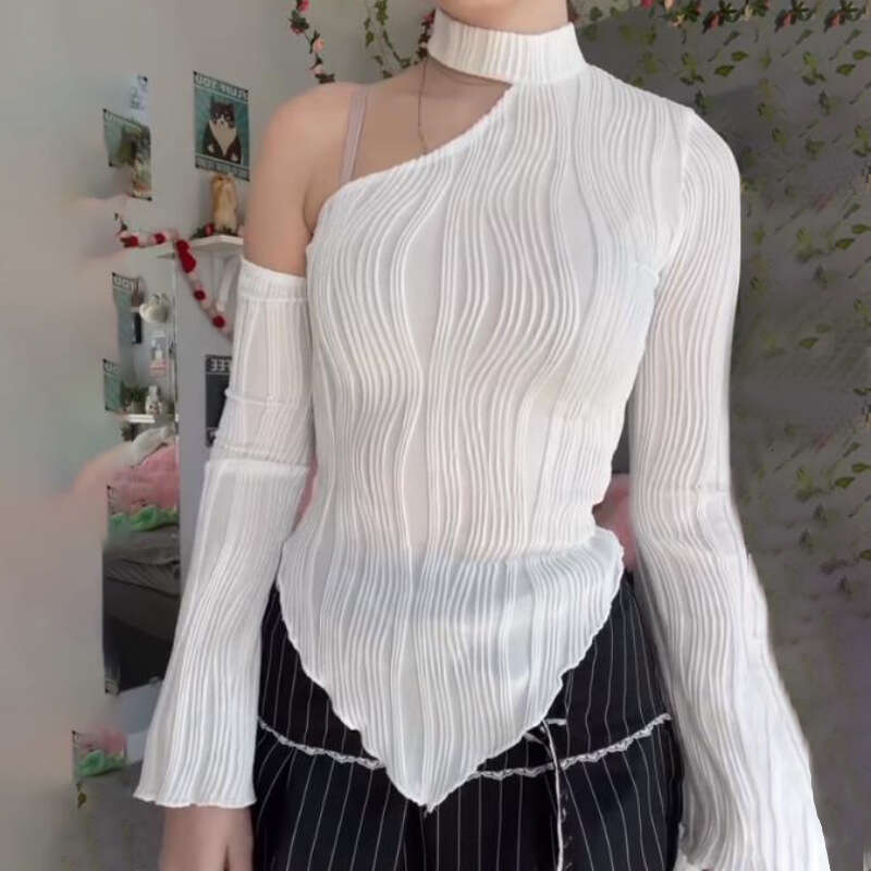 Spring New Women's Fashion Striped Sexy Street Style Long Sleeve Asymmetrical Neck Halter T-Shirt B5