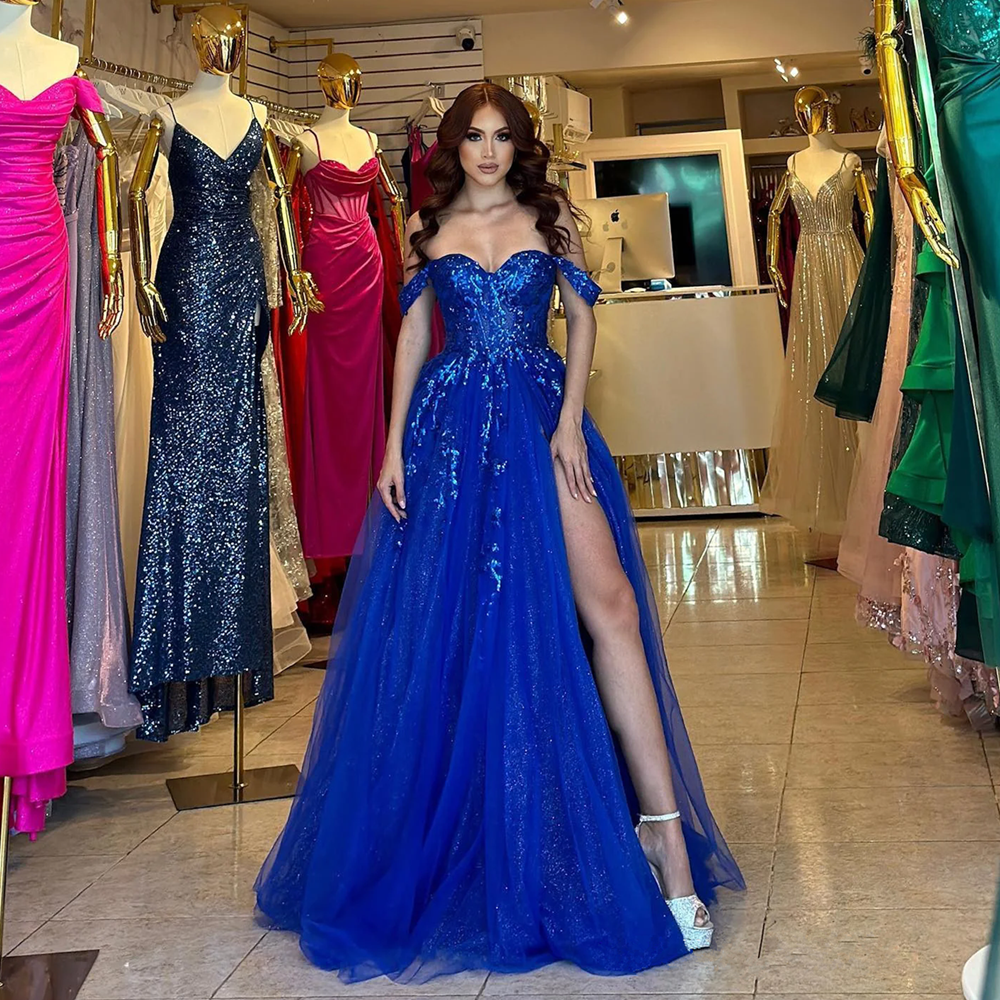 Sexy Off the Shoulder Prom Dresses Long Sequins Strapless Mermaid Formal Evening Gowns Side Split Custom Made Vestido De Novia Plus Size Customized