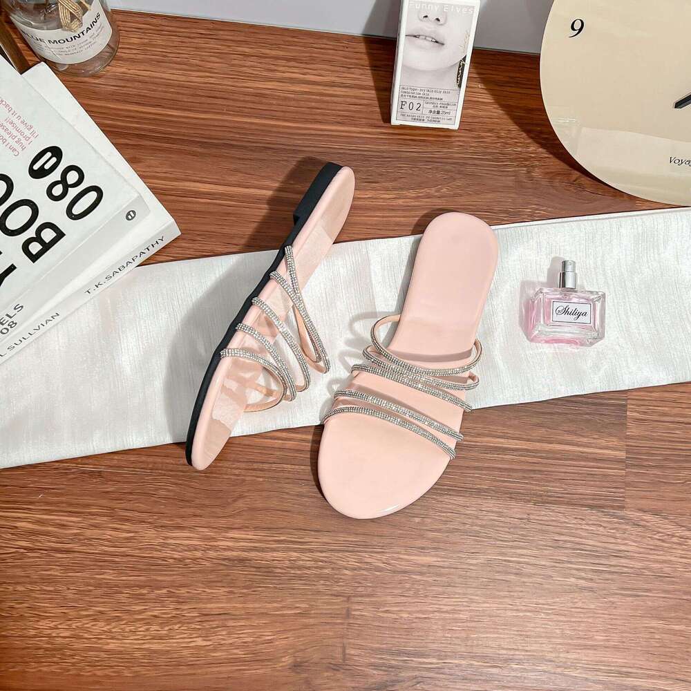 Flat for Women, Outdoor Wear, High-End Feel, Summer Versatile One-Strap Rhinestone Sandals, Fairy Style Women's Sandals