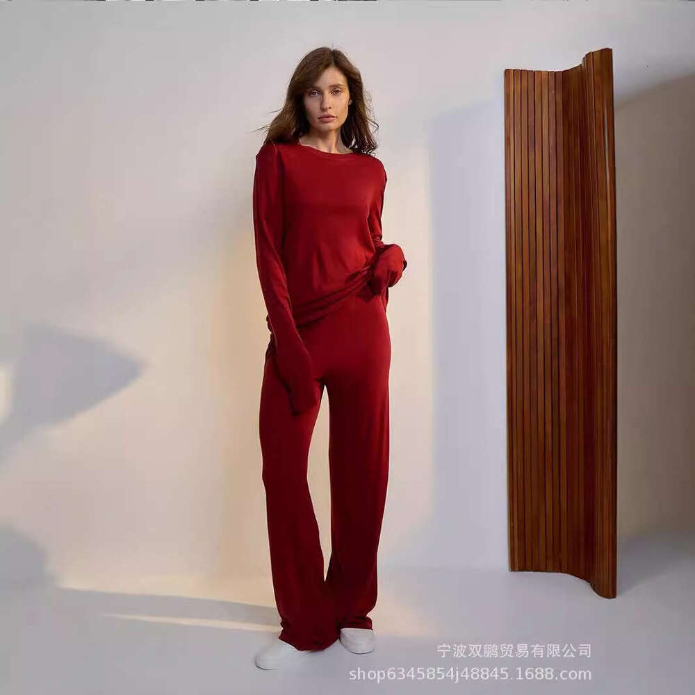 Autumn Winter New Soft Modal Women's Style Casual Top + Wide Leg Pants Christmas Red Two Piece Set B5