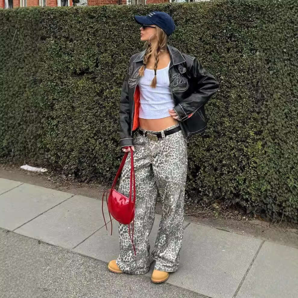 American Style Fashionable Leopard Print Mid-Low Waist Loose Wide-Leg Pants Women Straight-Leg Casual Cargo Jeans B5