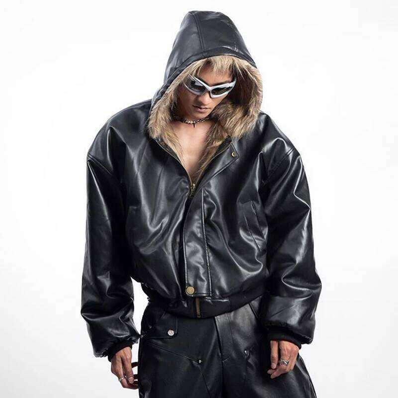 IEFB American Style Men's Padded Jackets PU Leather Reversible Faux Fur Fleece Thickened Solid Color Loose Male Coats Tide 9W161