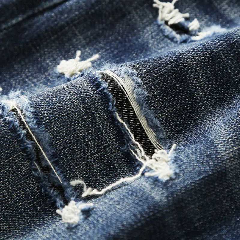 Italian Street Fashion Mens Jeans High-Quality Retro Washed Blue Elastic Slim Fit Corrugated Patch Jeans Mens Retro Denim Pants X250812