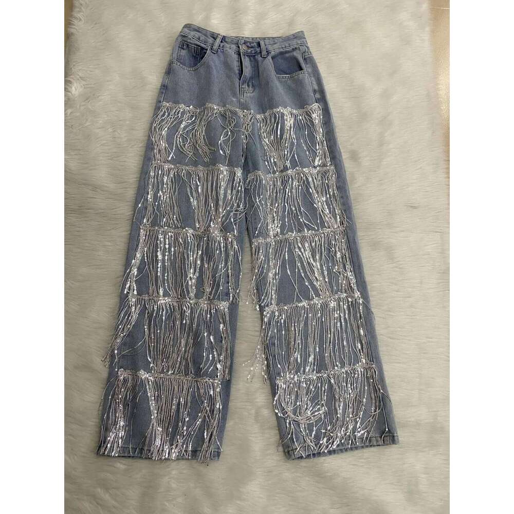 Cm.Yaya Women Sequins Tassel Wide Leg Blue Denim Pants 2025 Summer Streetwear Party Vintage High Waist Jeans Trousers