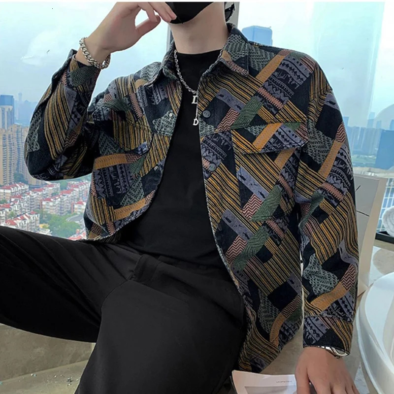 Fashion Lapel Pockets Color Printed Geometric Coats Mens Clothing Autumn Winter Loose Punk Denim Tops Casual Jackets 250717