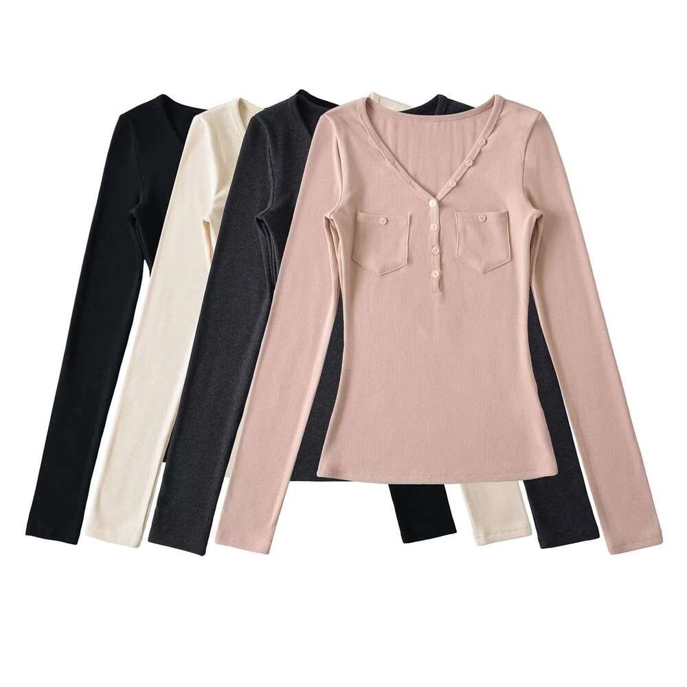 French V-Neck Long Sleeve T-Shirt For Women, Autumn Slim Fit Basic Solid Color Slimming Hot Girl Base Shirt Top Ins B5