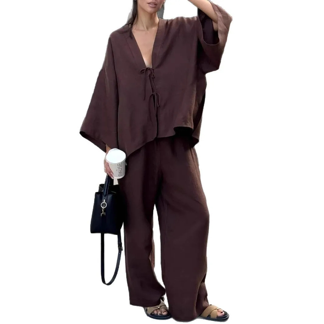 Summer Cotton Matching Sets 3/4 Sleeve V-Neck Blouse Casual Trousers 2 Piece Sets Woman Fashion Street Suit Loose Outfits 250714