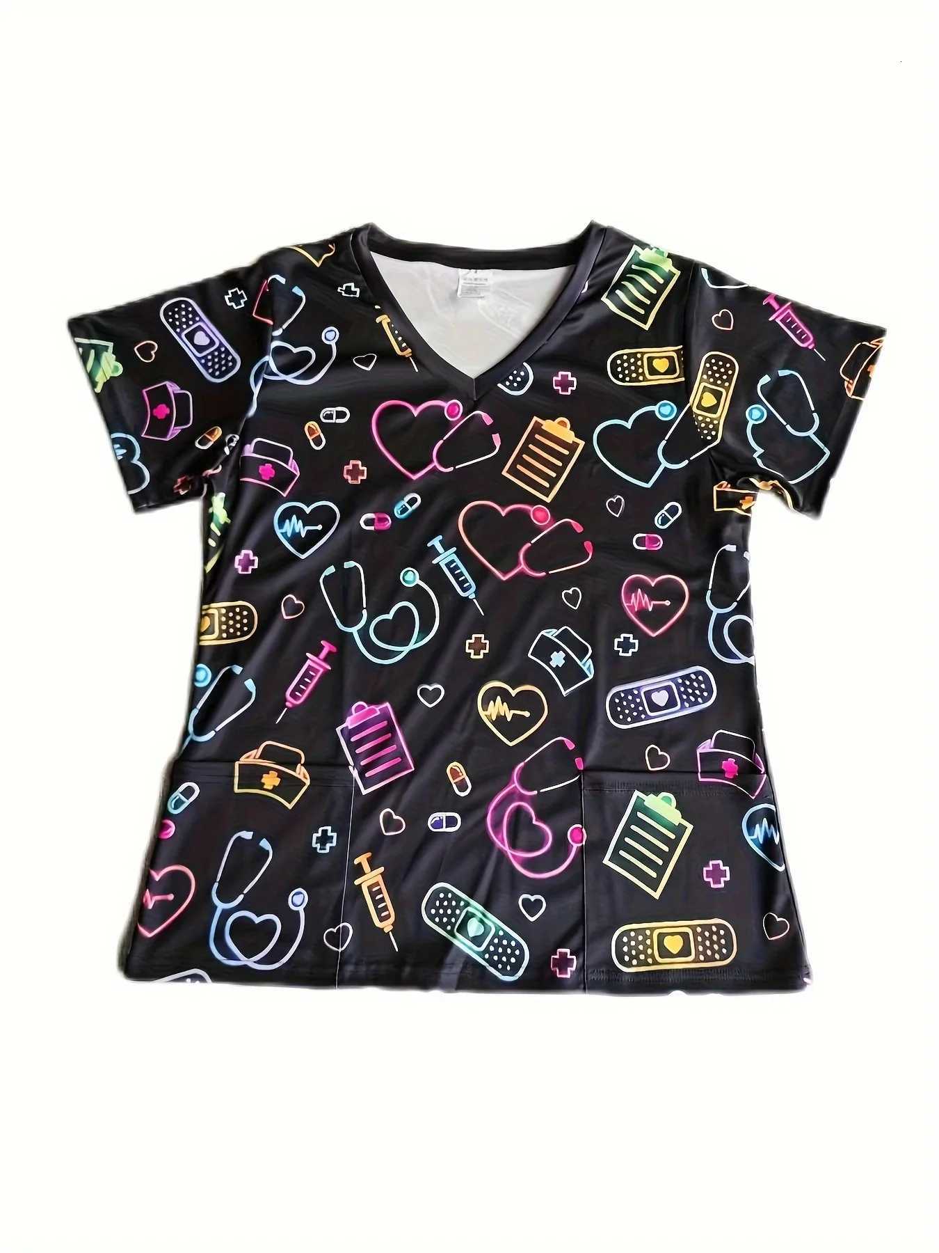 Surgical Uniforms Woman Heart Printed V-Neck Nurses Tops Short Sleeve Patch Pocket Medical Uniforms Surgical Uniforms Nursing Z250718