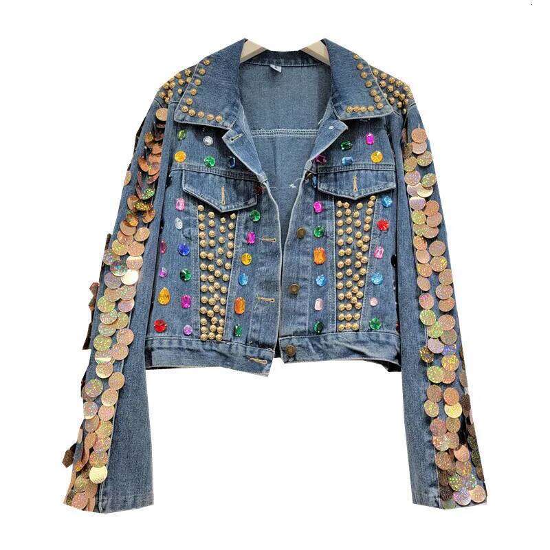 Women Rainbow Dias Beaded Denim Jacket Rhinestones Rivets Jeans Bright Green Sequined Sleeve Cowboy Coat Cardigan Tops