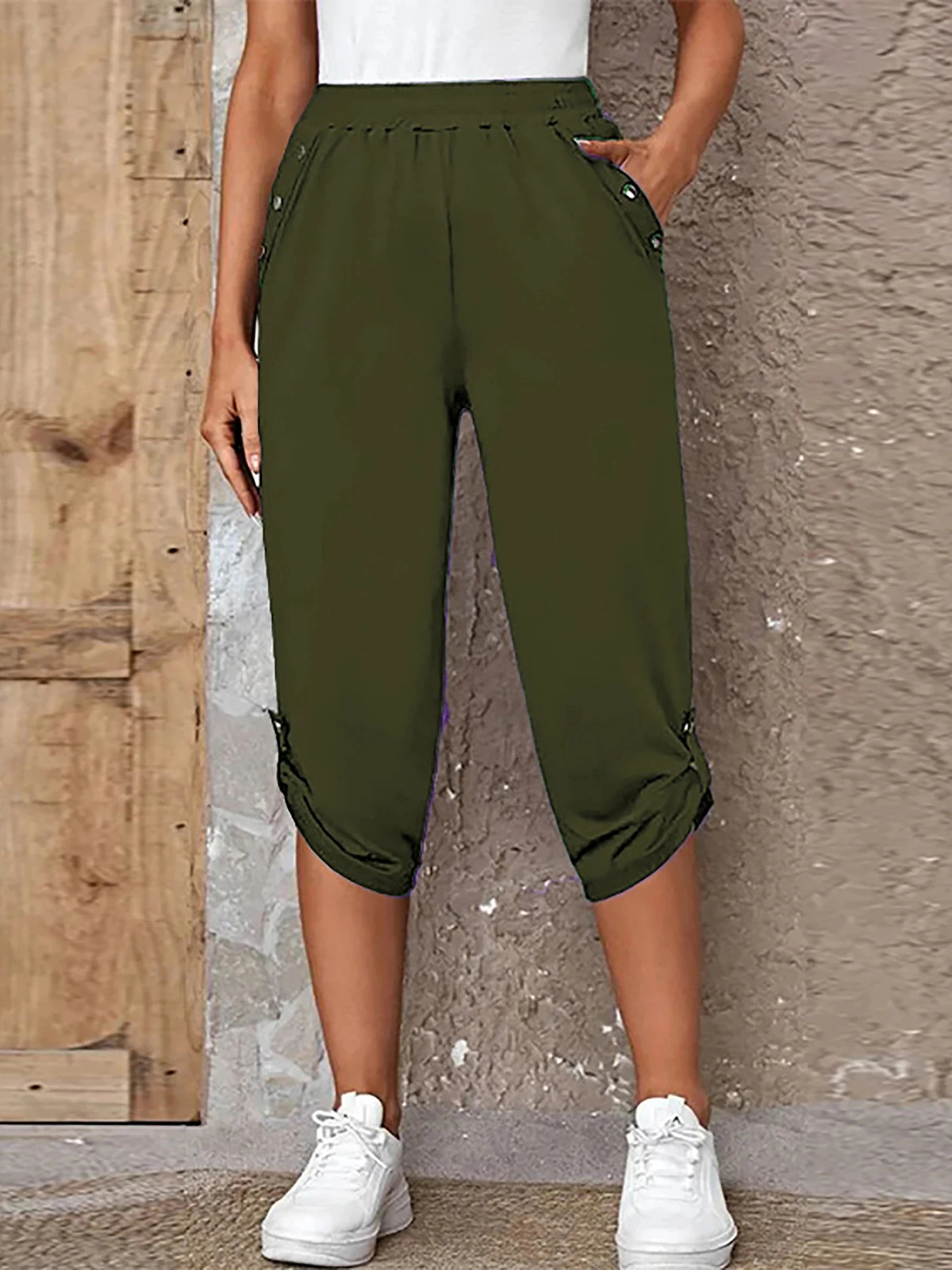 Womens Elastic Waist Crop Sweatpants Loose Fit Casual Summer s with Pockets RollUp Bottoms S3XL 250714
