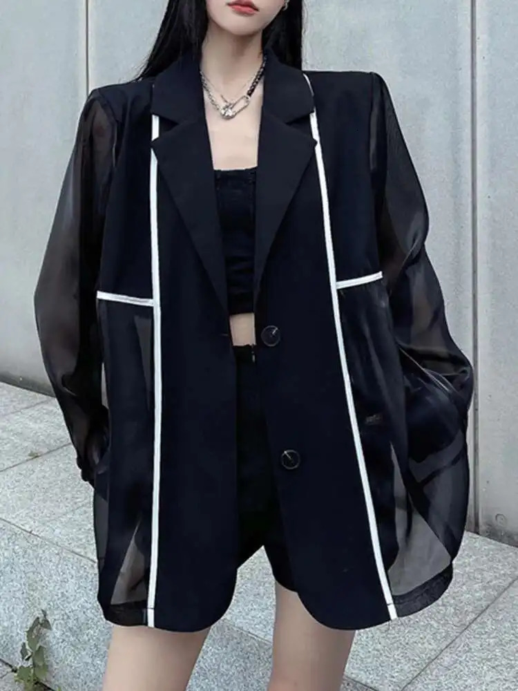 30A3464 EAM Women Black Gauze Spliced Big Size Sunscreen Blazer Lapel Long Sleeve Jacket Fashion Spring Summer 250703