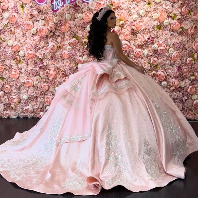Pink Shiny Quinceanera Dresses Ball Gown Off The Shoulder Sequin Applique Lace Beads Bow Tull Corset Party Birthday Sweet 16 Dress Vestidos 15 Anos