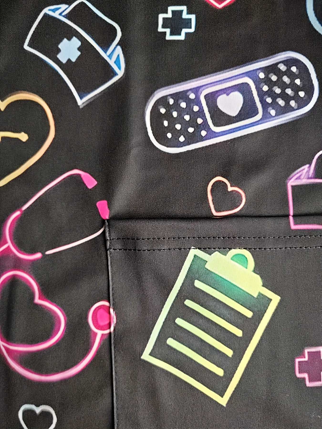 Surgical Uniforms Woman Heart Printed V-Neck Nurses Tops Short Sleeve Patch Pocket Medical Uniforms Surgical Uniforms Nursing Z250718