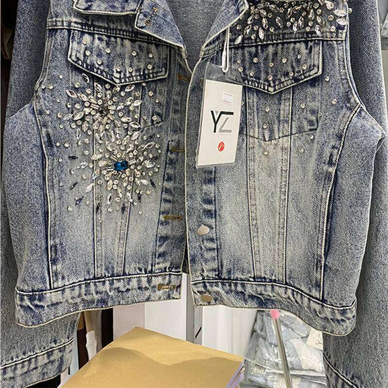 Spring New Fashion Beaded Dia Blue Denim Jacket Lapel Single-Breasted Long Sleeve Loose Casual Female Short Cowboy Outerwear