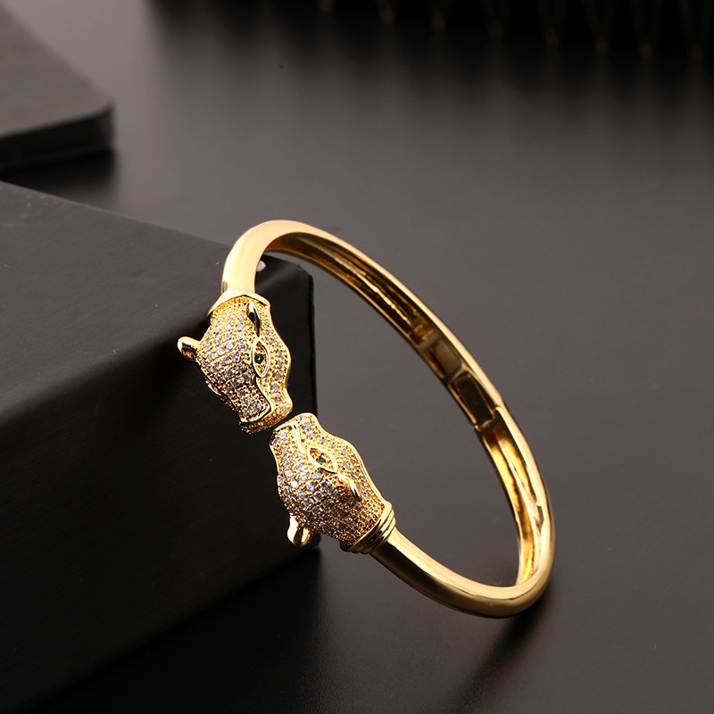 Leopard Print Open Cuff Bracelet 18K Gold Plated Hip Hop Bangle with Zircon Stones Animal Jewelry for Women and Men