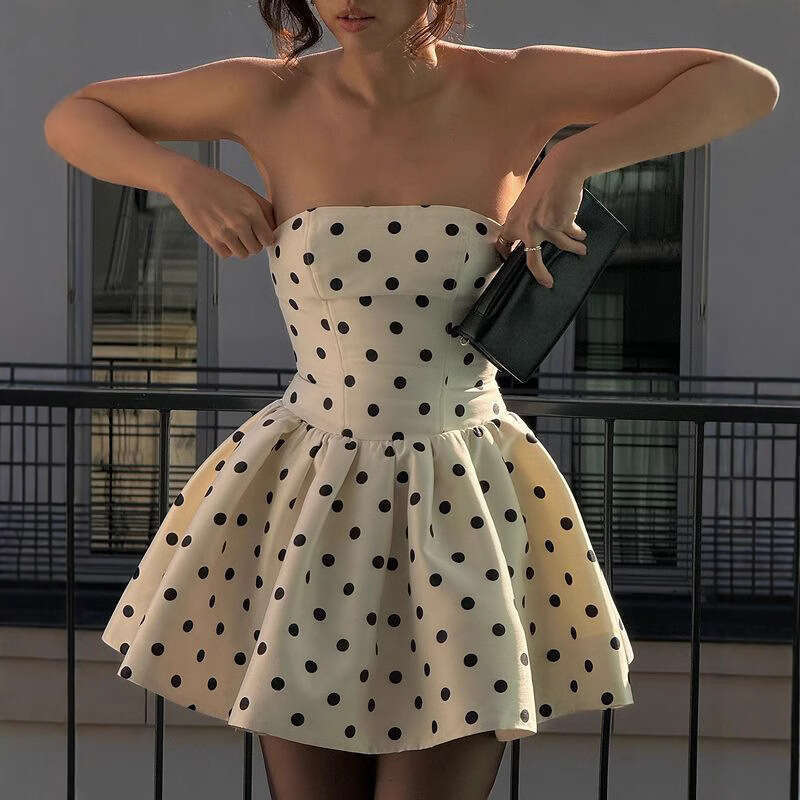 French Style Summer New Strapless Waist-Cinching A-Line Short Polka Dot Bow Puff Dress For Women B5