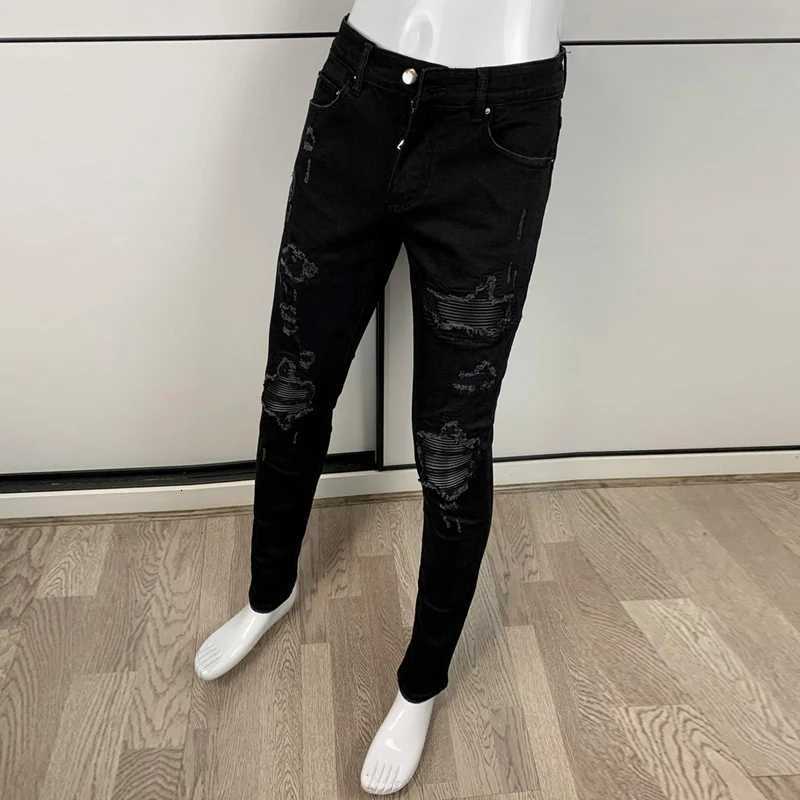 Street Fashion Men Jeans Black Stretch Skinny Fit Ripped Jeans Men Punk Trousers Leather Patched Designer Hip Hop Brand Pants X250718