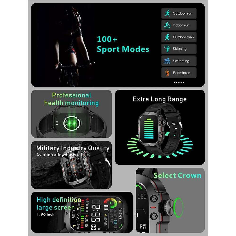 2025 New For Military Smart Watch Men IP68 5ATM Outdoor Sports Fiess Tracker Health Monitor 1.96" BT Call Smartwatch free shipping