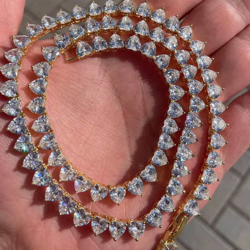 Hip Hop Jewelry Moissanite Tennis VVS DEF Heart Cut Sterling Silver Plated 14k Gold Moissanite Tennis Chain