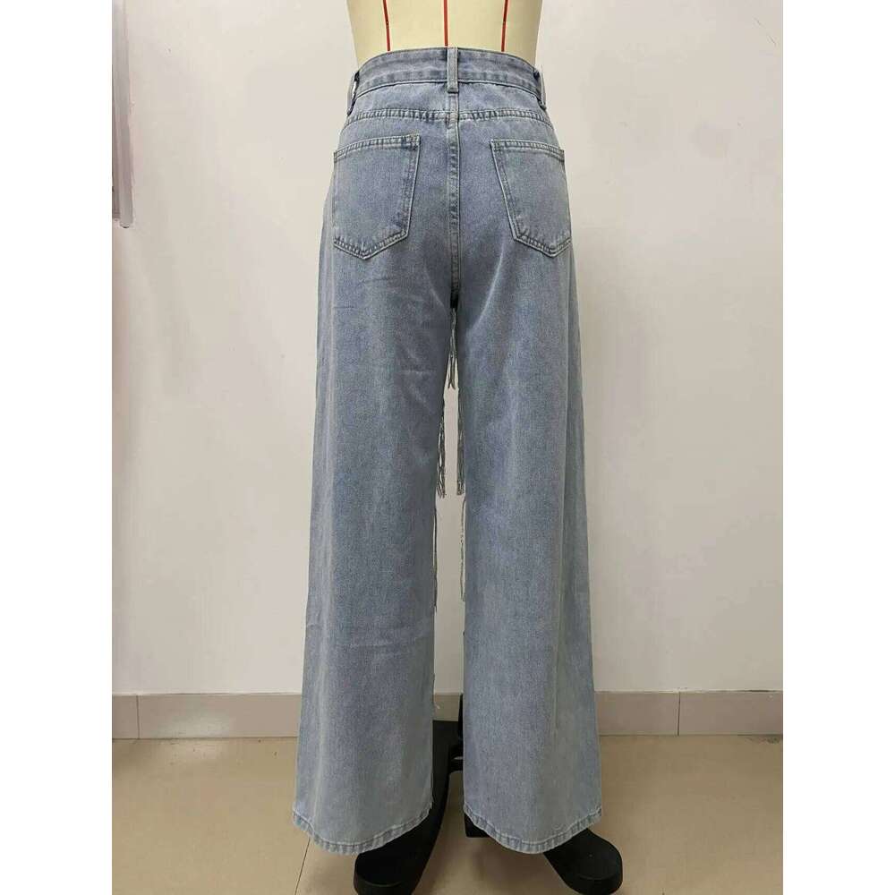 Cm.Yaya Women Sequins Tassel Wide Leg Blue Denim Pants 2025 Summer Streetwear Party Vintage High Waist Jeans Trousers