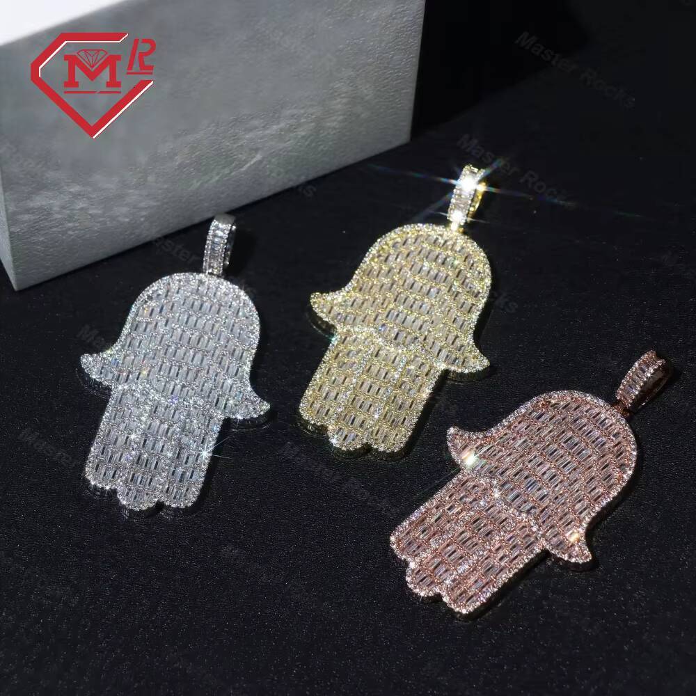 Luxury Hip Hop Jewelry 925 Sterling Silver Iced Out Baguette Diamond Pendant Mens Vvs Hamsa Pendant Moissanite