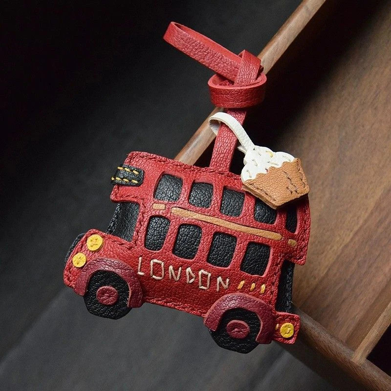 Lambskin Leather Handmade Hipster London Bus Cartoon Omnibus Croissant Original Pure Handmade Pumpkin Key Pendant Gift Customization 250717