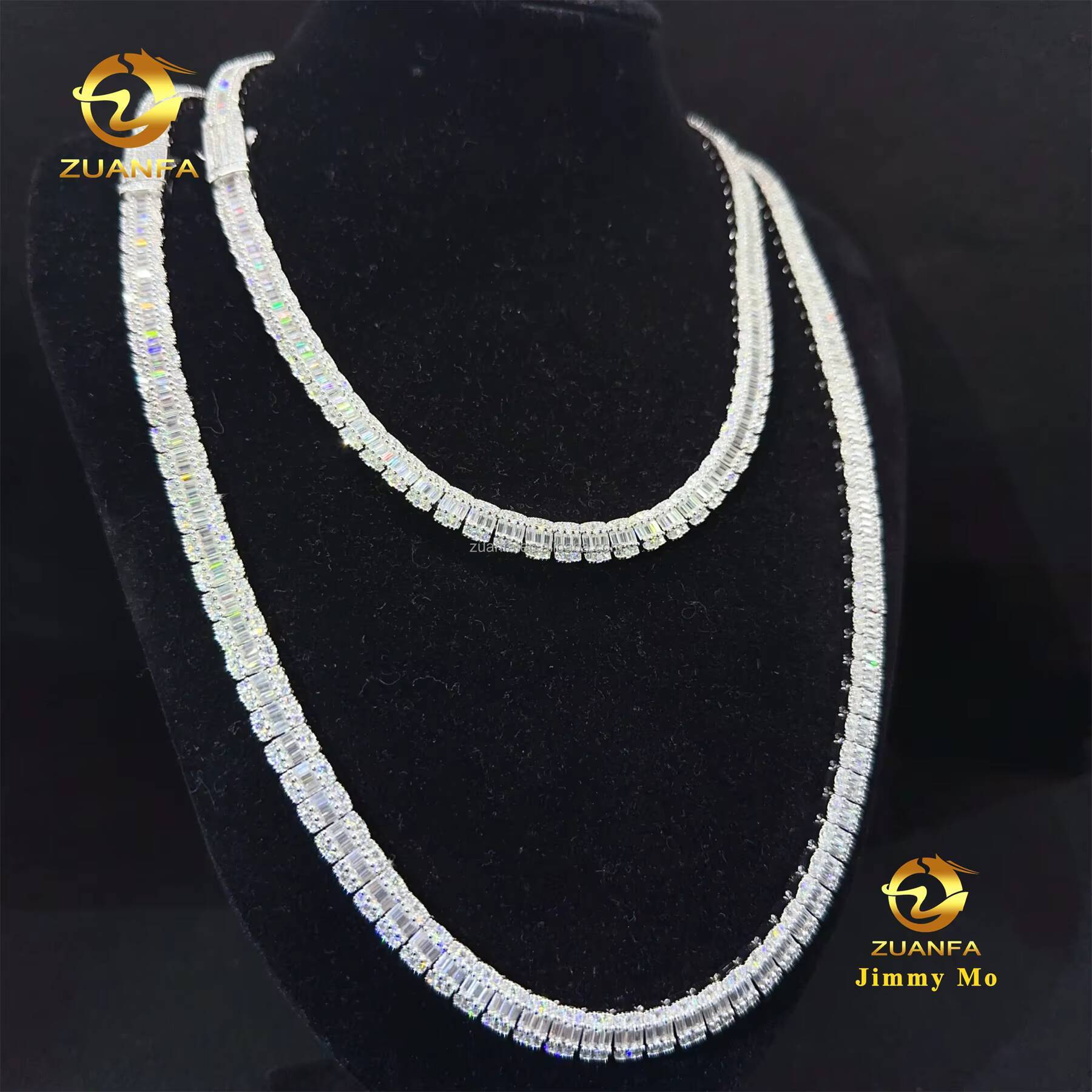 New Design Hip Hop Style Jewelry Iced Out 925 Solid Silver Rhodium Plated 8mm Baguette Moissanite Diamond Cluster Tennis Chain