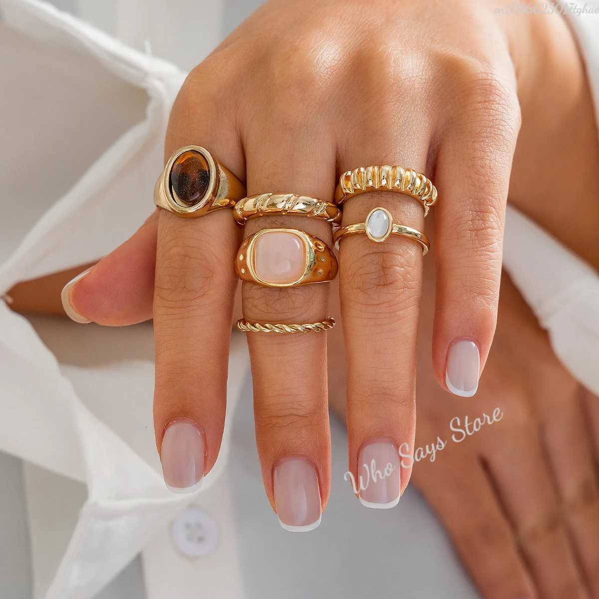 6pcs/set Tide Individuality Retro Geometric Hollowing Inlay Gem Rings Set Liquid State Metal Four-Piece Rings Set Paty Jewelry X250718