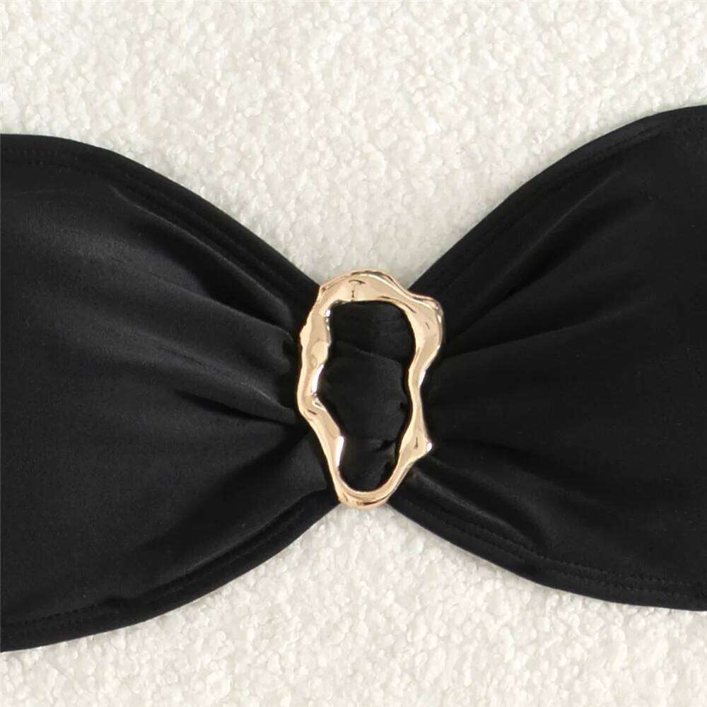 Black Bandeau Bikinis Sets Micro Thong Metal Ring Sexy Swimsuit Women 2025 New Back Knotted Swimwear Bathing Suit Bikini Damen