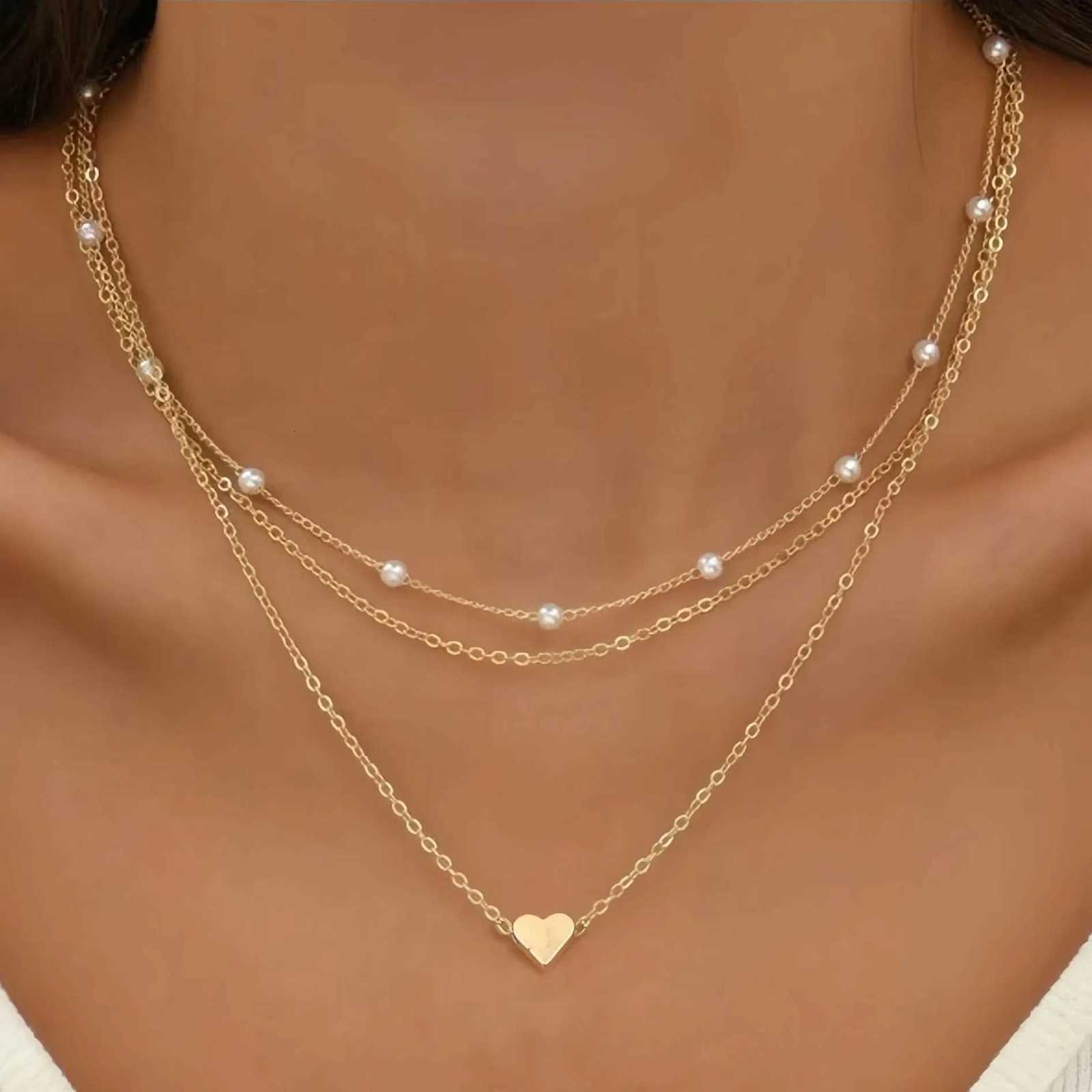 LATS Multi-layer Pearl Cross Love Pendant Necklaces for Women Gold Color Fashion Collarbone Neck Chain 2024 Trend Jewelry X250718