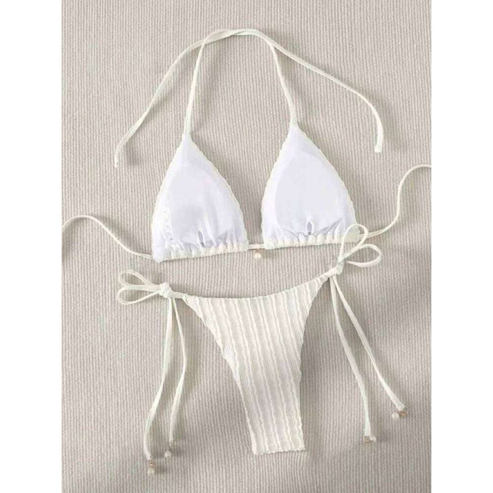 AOTVOTEE Sexy Backless 2 Pieces Women Laced Up Solid Split Swimsuit Beach Bikini 2025 New Summer Swimwear Bikinis Set