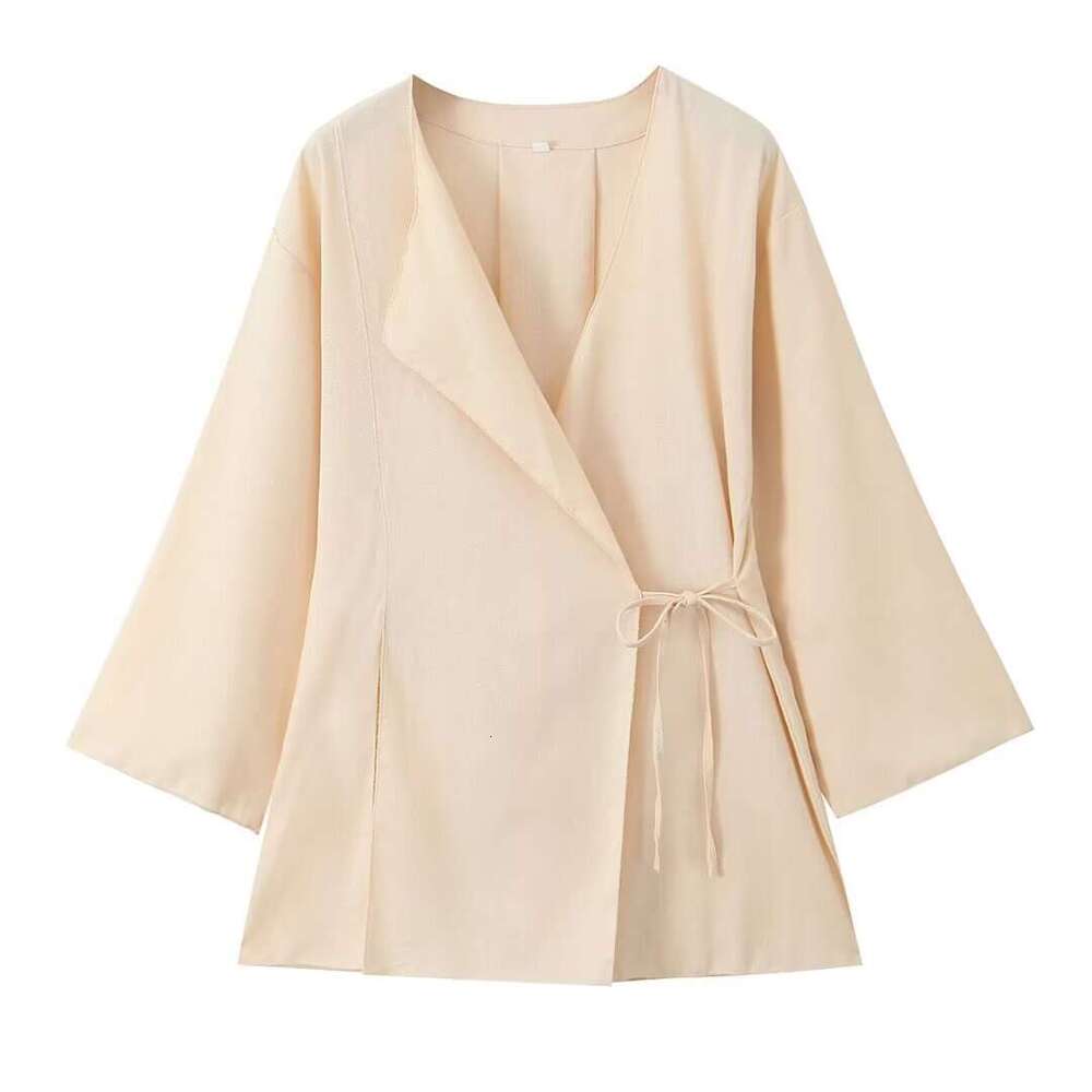 TRAFZA Women's Clothing Spring New Linen Tie Top And Pants Set B5