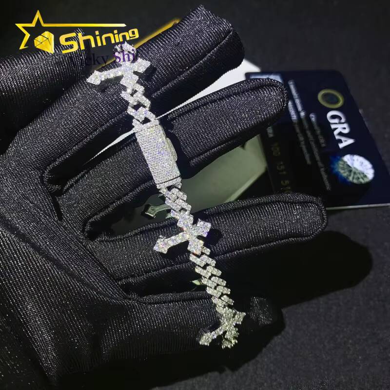 Fine Jewelry Iced Out Cross Design Moissanite Cuban Bracelet 925 Sterling Silver 6mm Hip Hop Cuban Link Bracelet