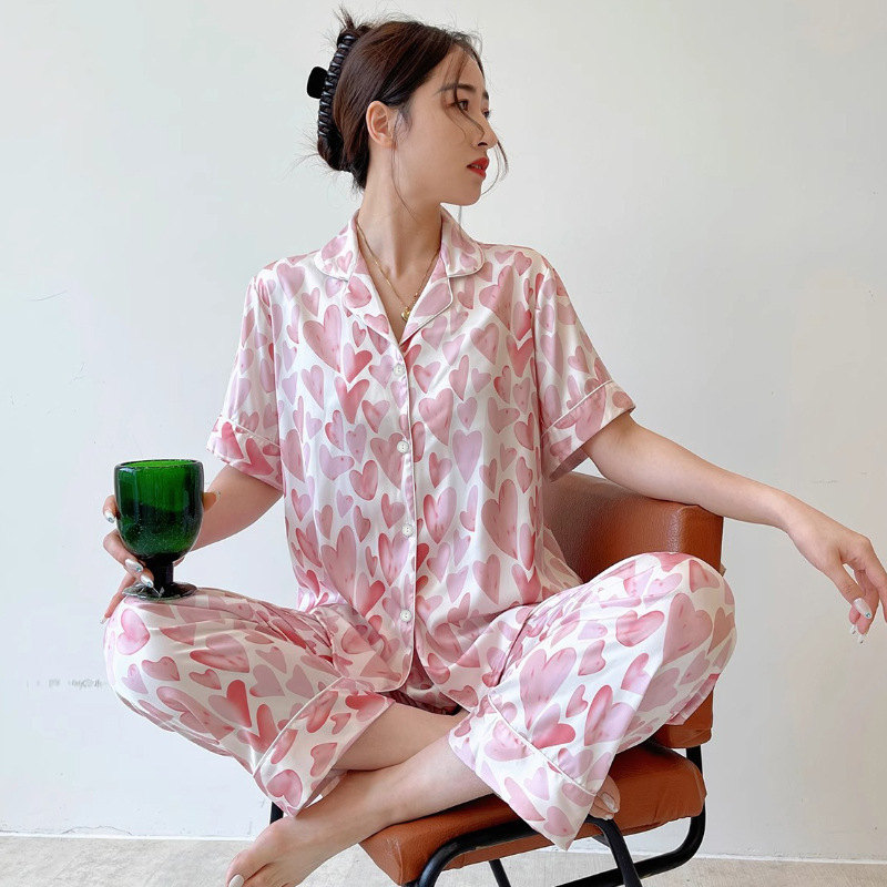 B976-Girls sweet summer short-sleeved ice silk pajamas thin suit color pit stripes taro purple loose shorts home