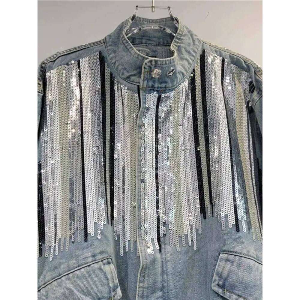 DEAT 2024 Autumn Trendy Fashion Women Striped Sequins Design Loose Denim Coat Turn-Down Collar Long Sleeve Jacket Female 29L8081