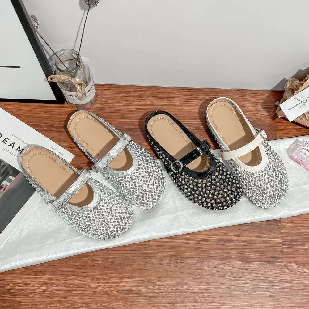 Su Yinyin Fairy Style Flowing Light Mesh Rhinestone Breathable Buckle Strap Closed-Toe Vacation for Women Half Slippers Summer Outdoor Wear