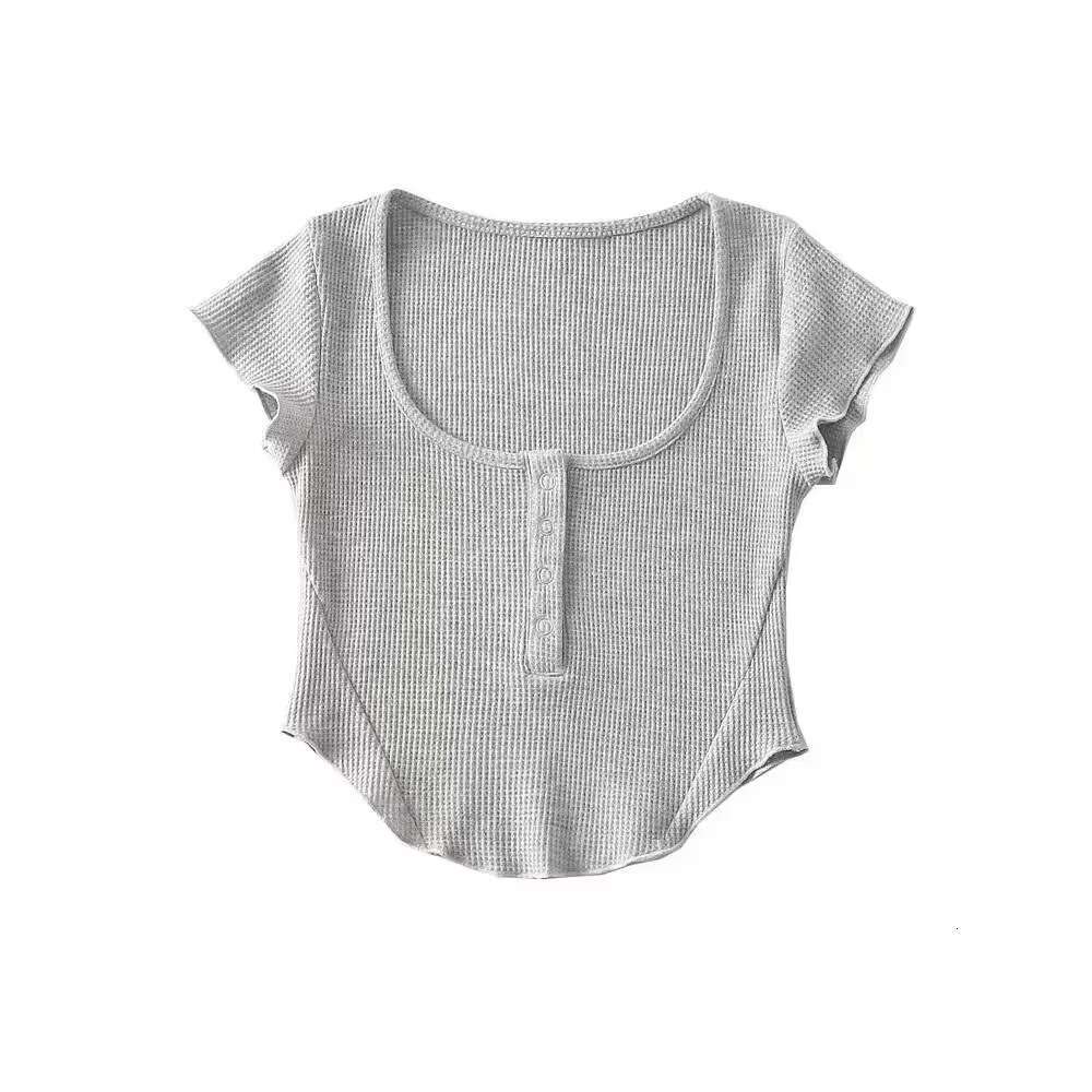Chao Waist-Slimming Hot Girl Style Sleeve Top For Women New Square Neck Collarbone-Exposing Sexy Button Short T-Shirt B5