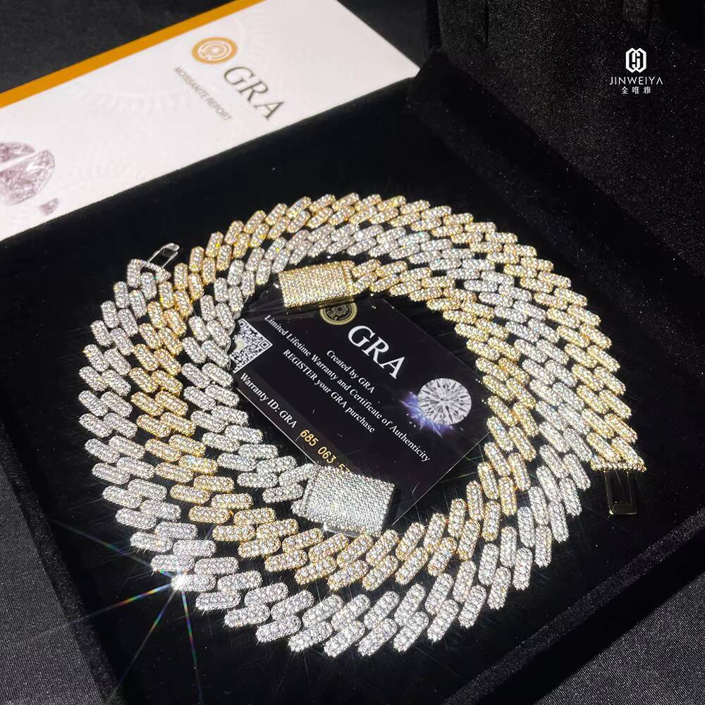 JWY Mens 925 Silver 14mm Full VVS Moissanite Cuban Chain Necklace Gold-Plated Hip-hop Punk Style Unique Design for Style-