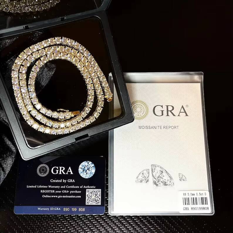 925 Sterling Silver Hiphop Chain with VVS Moissanite Sparkling 5mm Iced out Tennis Chain Necklaces Product Category