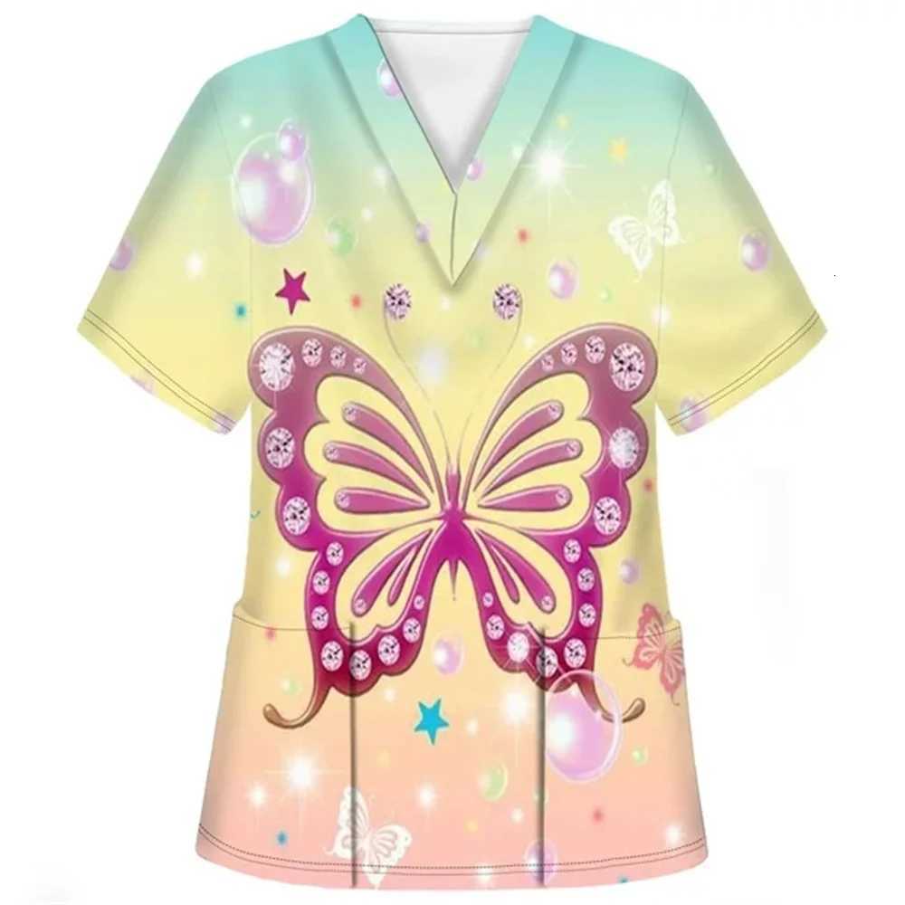 Medical Clothes Elegant Butterfly Print V-Neck Surgical Uniform Woman Short Sleeve Color Patch Pocket Top Clinical Uniform Woman Z250718