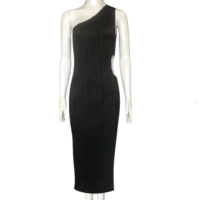 Hollow Out Asymmetrical Women's Autumn New Sexy Elegant Commuter One-Shoulder Long Dress B5 g7