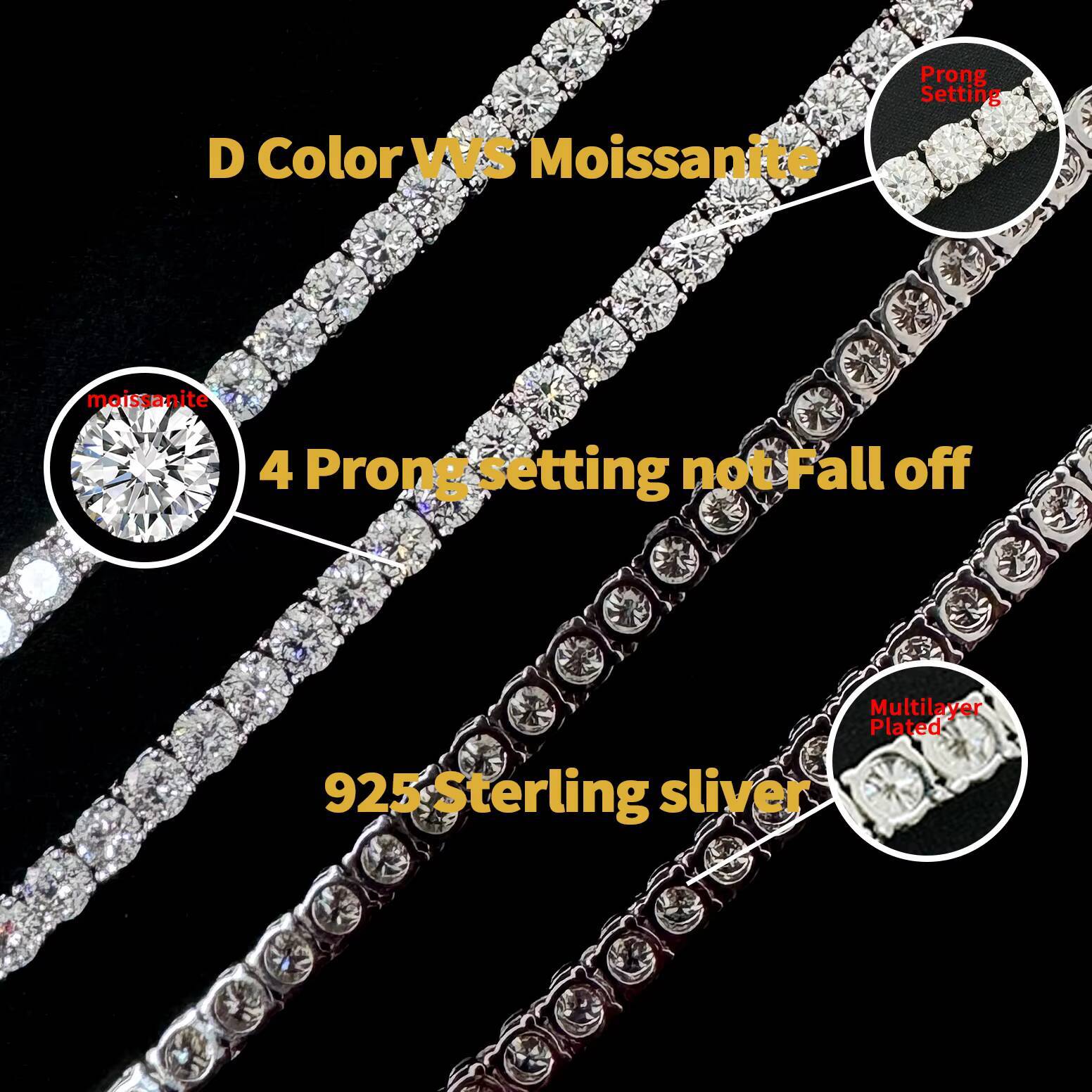 Fine Jewelry White Gold Tennis Chain Necklace Bracelet Hip Hop 925 Silver VVS Iced Out Moissanite Tennis Chain