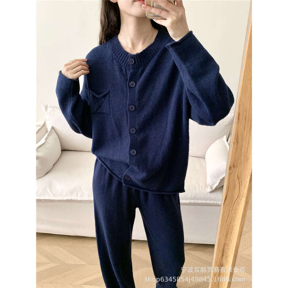 Autumn Winter New Loose Knitted Suit For Women Round Neck Cardigan Sweater + Wide Leg Pants B5