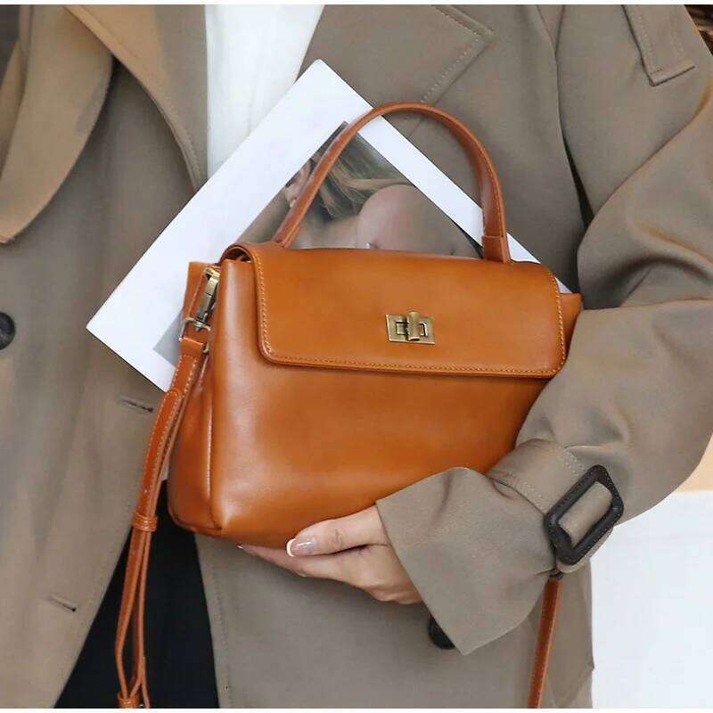 Women's Genuine Messenger Tote Soft Leather Small Square Bag Fashion Metal Buckle Ladies Natural Cowhide Handbag